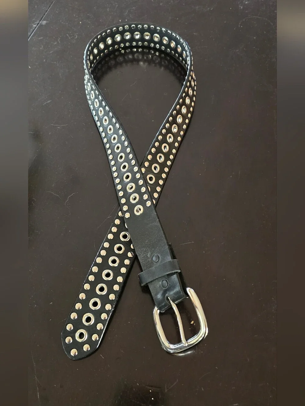 Black Grommet Leather Belt with Silver Buckle - Women